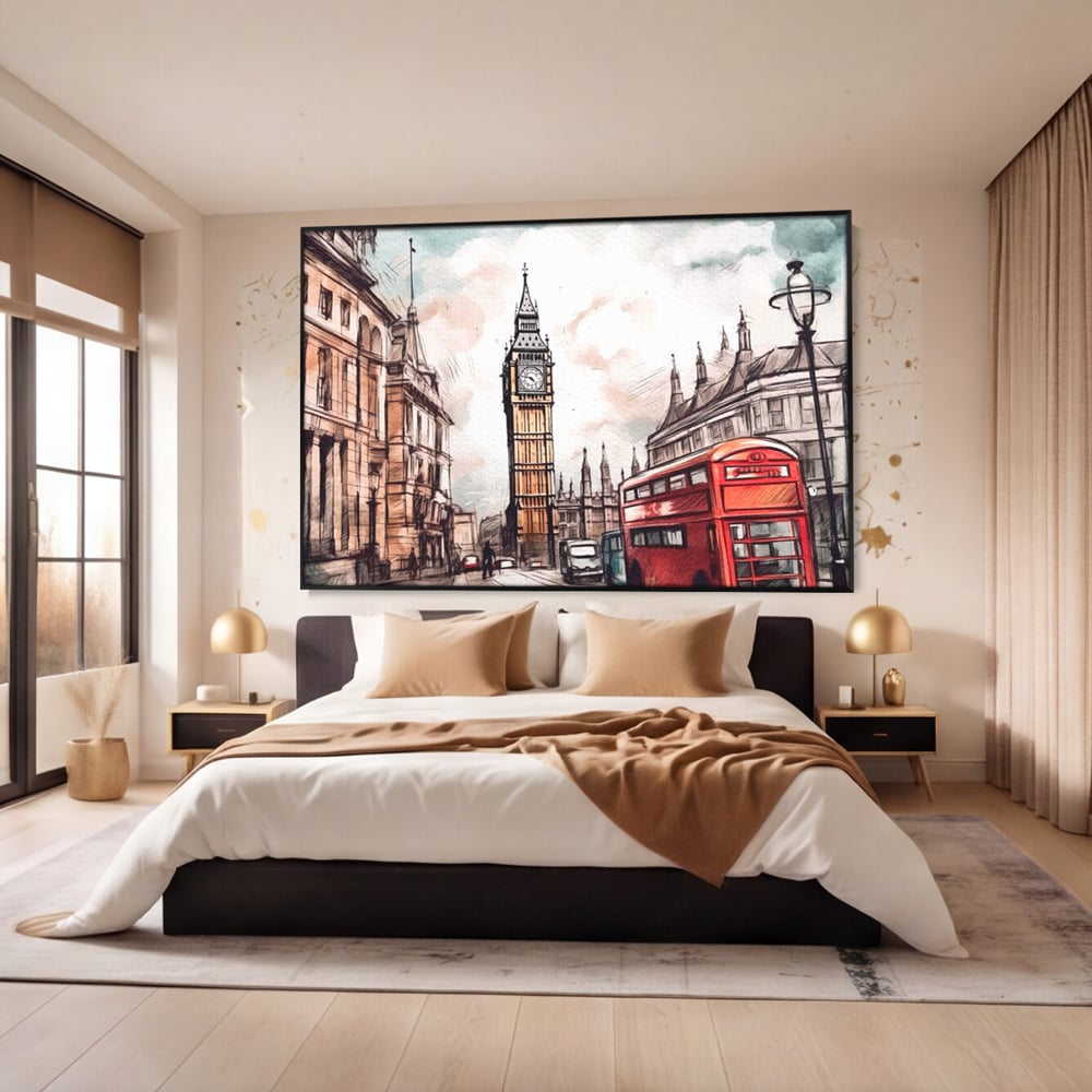 Tablou canvas cu ilustratie urbana cu big ben si autobuz rosu, in rama de aluminiu negru, pe perete intr-un dormitor